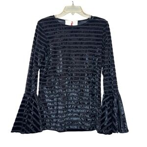 Boho Jane Bell Sleeve Top Womens Medium‎ Black Striped Burnout Velvet Whimsigoth